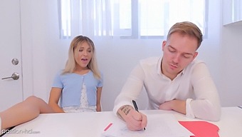 A Blonde College Student Experiences A Surprise During A Study Session With Her Tutor